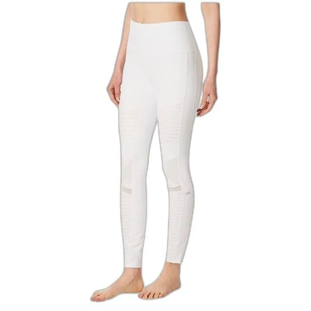 Alo Moto Leggings White Athletic Yoga Pants Stretch Mesh Panels Women’s Size XS